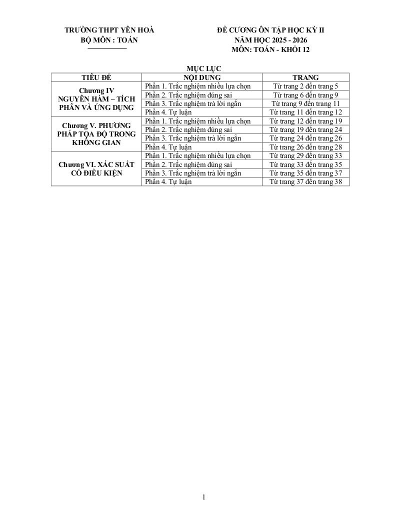 đề cương học kỳ 2 toán 12 năm 2025 – 2026 trường thpt yên hòa – hà nội - hình 1