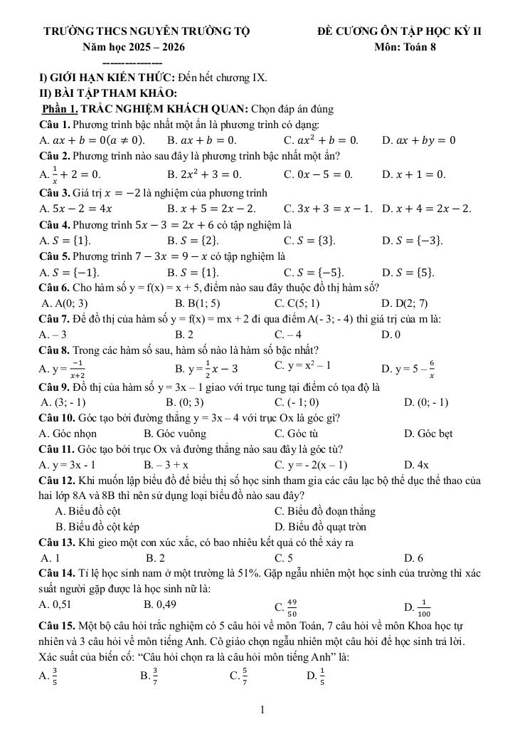 đề cương học kỳ 2 toán 8 năm 2025 – 2026 trường thcs nguyễn trường tộ – hà nội - hình 1