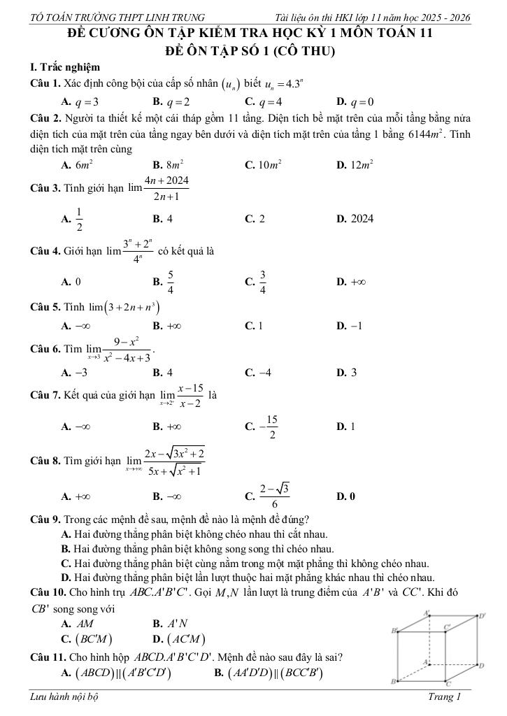 đề cương ôn tập hk1 toán 11 năm 2025 – 2026 trường thpt linh trung – tp hcm - hình 1