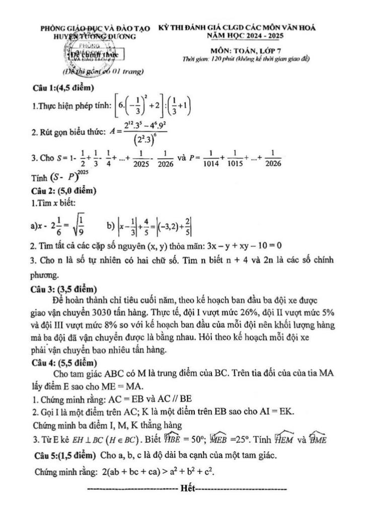 đề đánh giá clgd toán 7 năm 2024 – 2025 phòng gd&đt tương dương – nghệ an