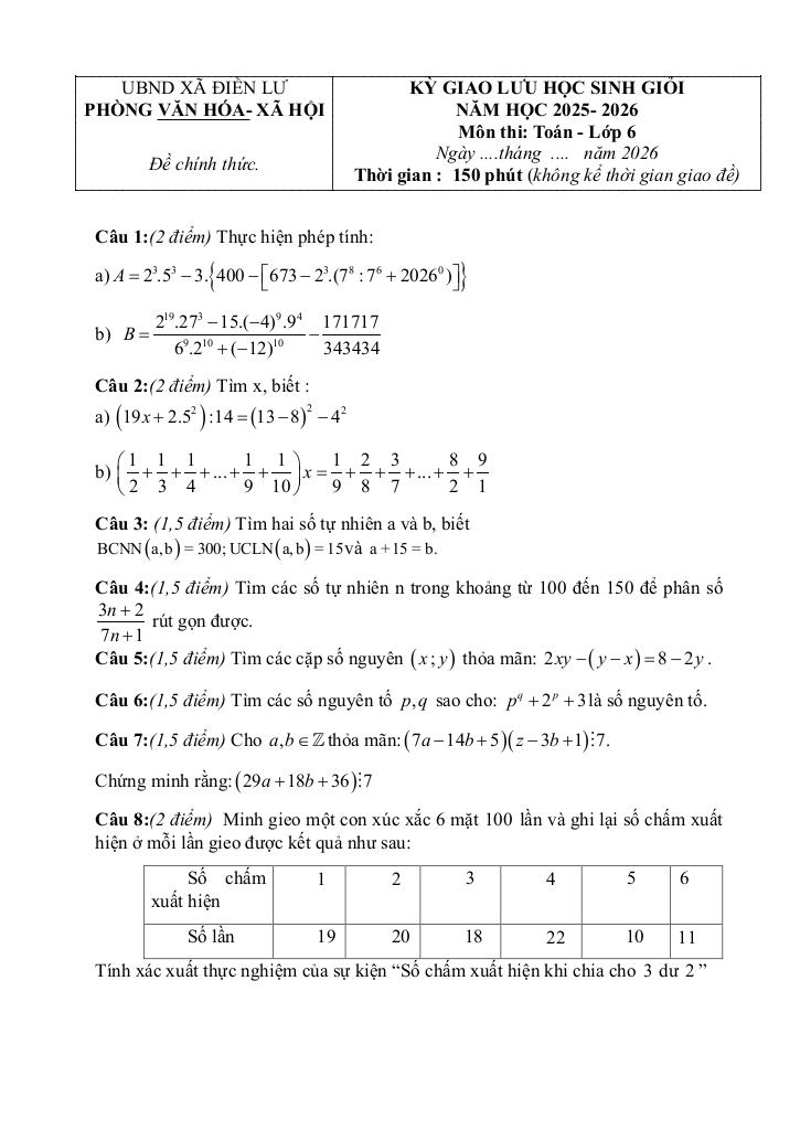 đề giao lưu hsg toán 6 năm 2025 – 2026 xã điền lư – thanh hóa - hình 1