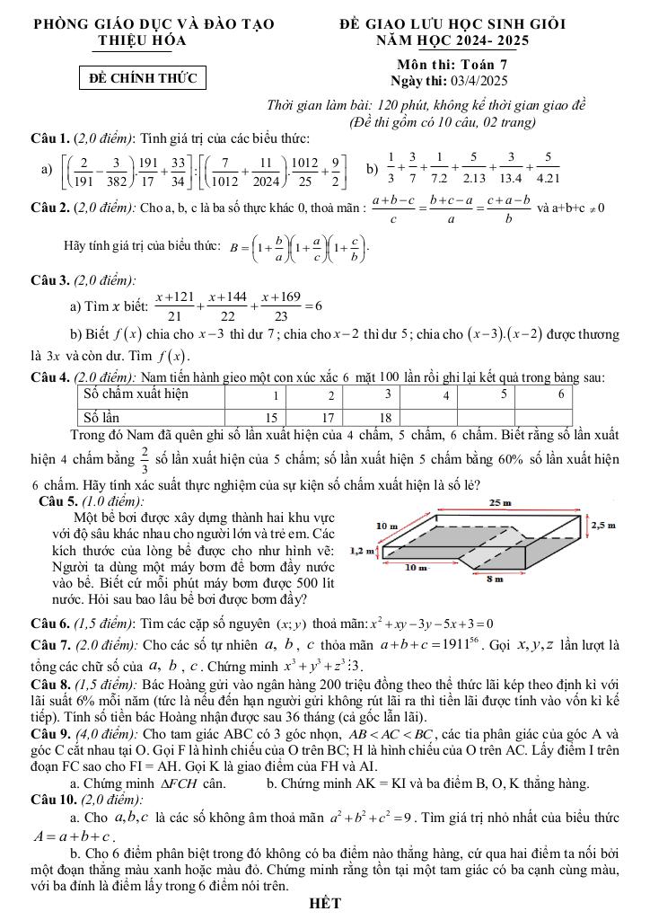 đề giao lưu hsg toán 7 năm 2024 – 2025 phòng gd&đt thiệu hóa – thanh hóa