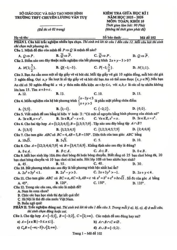 đề giữa học kì 1 toán 10 năm 2025 – 2026 trường chuyên lương văn tụy – ninh bình 0