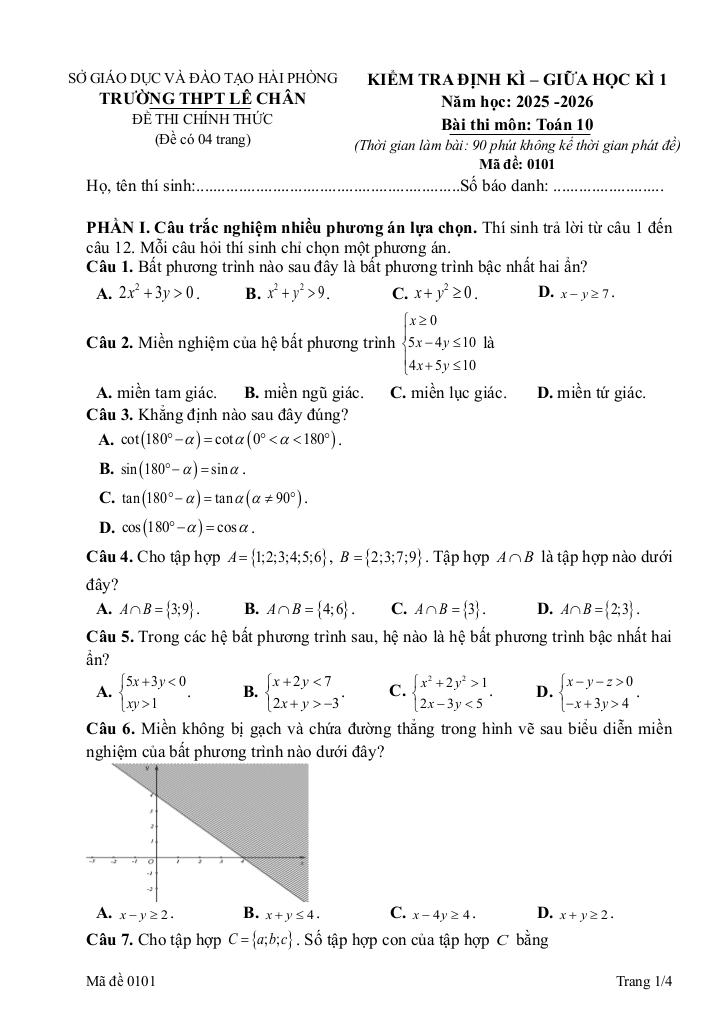 đề giữa học kì 1 toán 10 năm 2025 – 2026 trường thpt lê chân – hải phòng 0