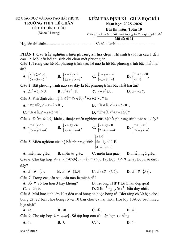 đề giữa học kì 1 toán 10 năm 2025 – 2026 trường thpt lê chân – hải phòng 4