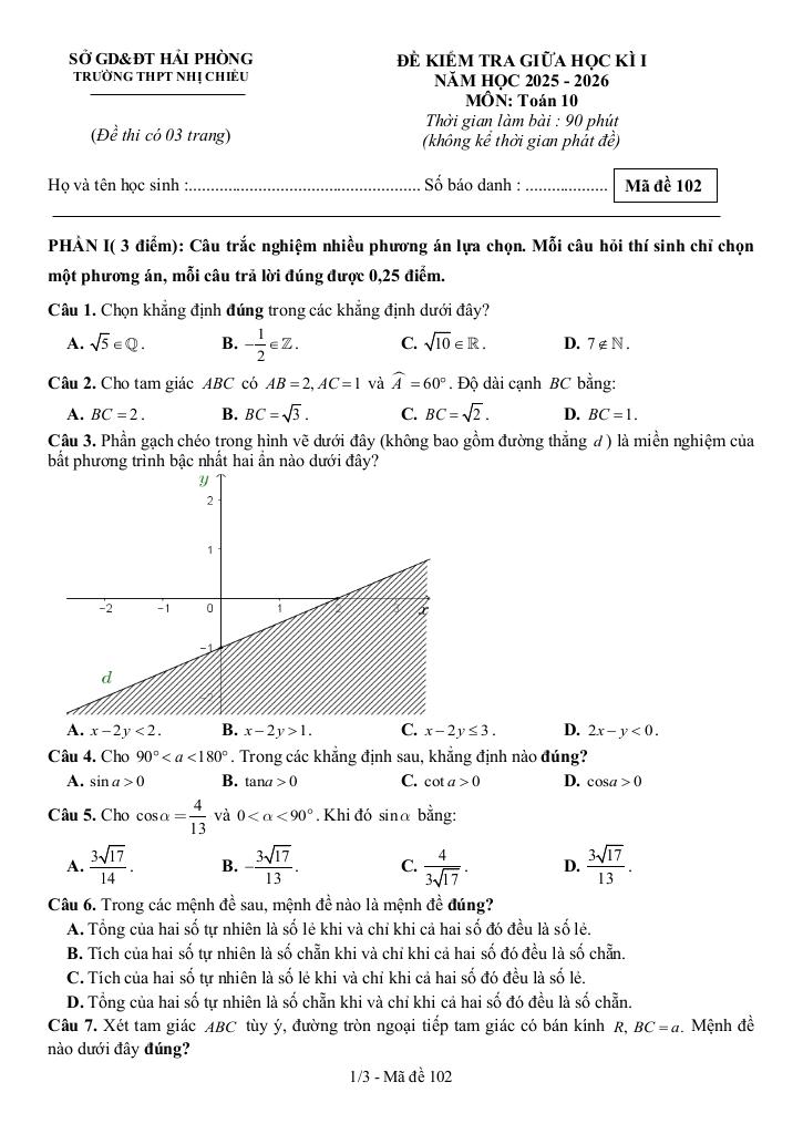 đề giữa học kì 1 toán 10 năm 2025 – 2026 trường thpt nhị chiểu – hải phòng 3