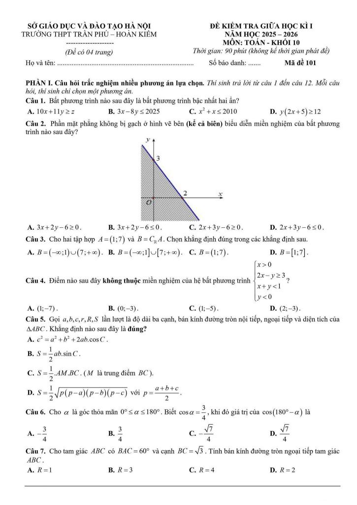 đề giữa học kì 1 toán 10 năm 2025 – 2026 trường thpt trần phú – hà nội 0