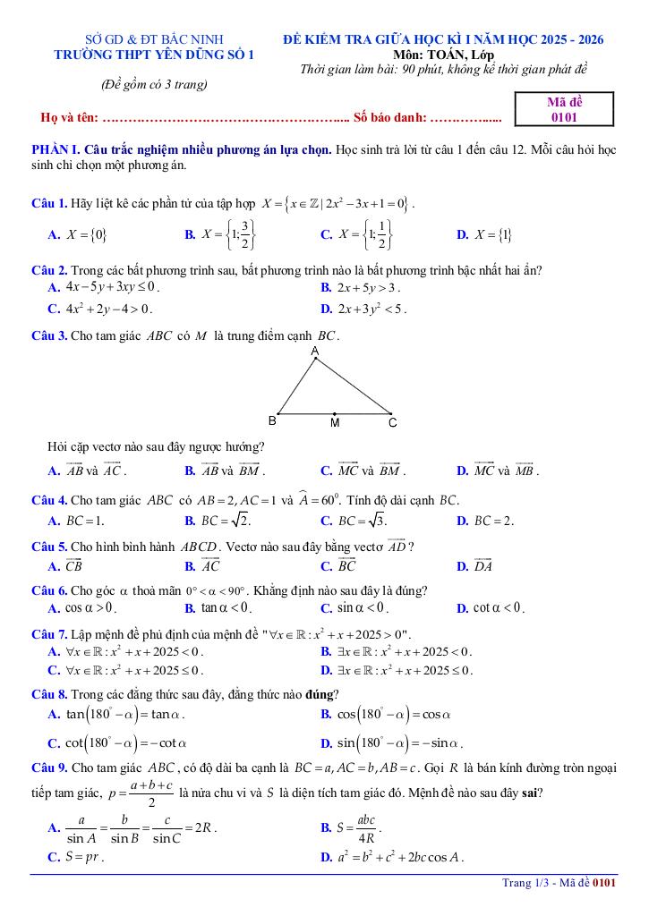 đề giữa học kì 1 toán 10 năm 2025 – 2026 trường thpt yên dũng 1 – bắc ninh 0