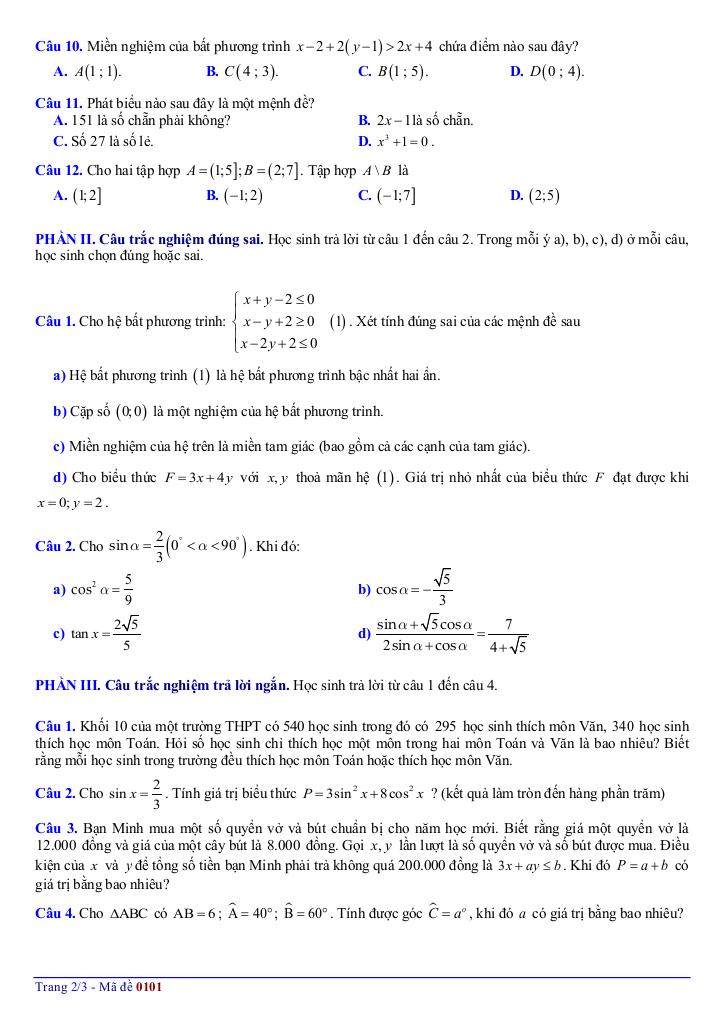 đề giữa học kì 1 toán 10 năm 2025 – 2026 trường thpt yên dũng 1 – bắc ninh 1