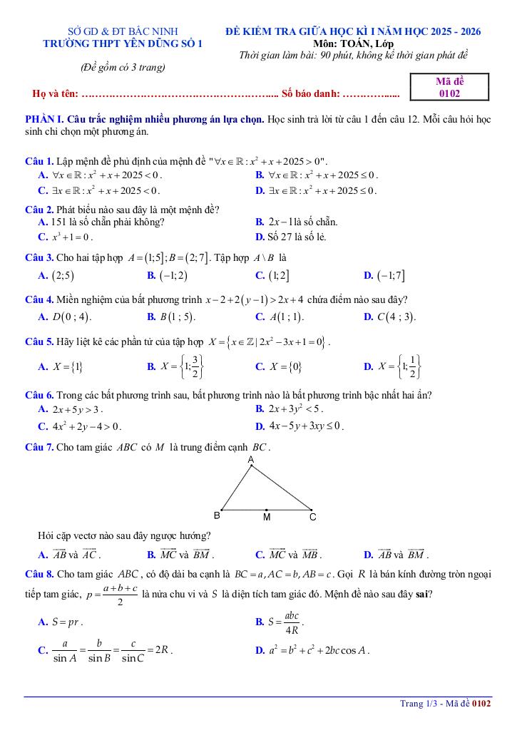 đề giữa học kì 1 toán 10 năm 2025 – 2026 trường thpt yên dũng 1 – bắc ninh 3