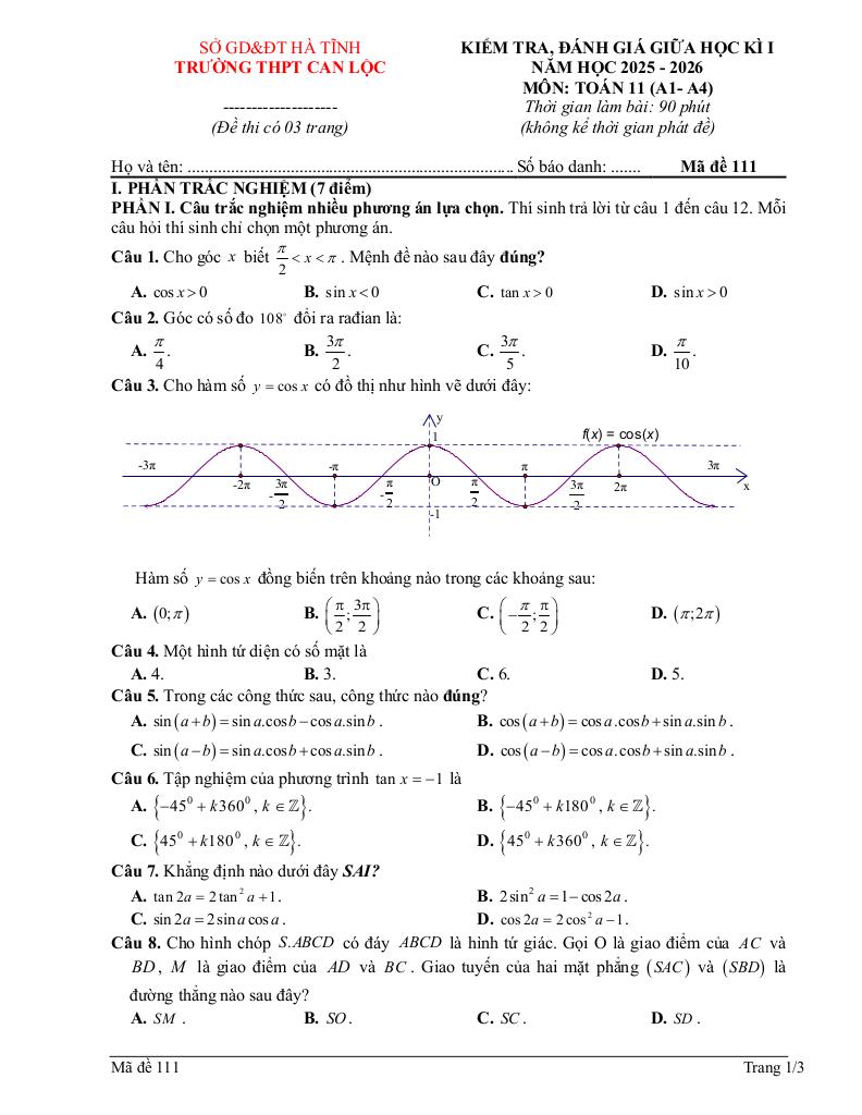 đề giữa học kì 1 toán 11 năm 2025 – 2026 trường thpt can lộc – hà tĩnh 0