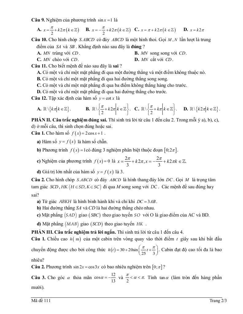 đề giữa học kì 1 toán 11 năm 2025 – 2026 trường thpt can lộc – hà tĩnh 1