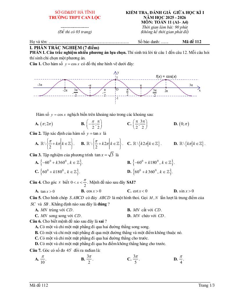 đề giữa học kì 1 toán 11 năm 2025 – 2026 trường thpt can lộc – hà tĩnh 3