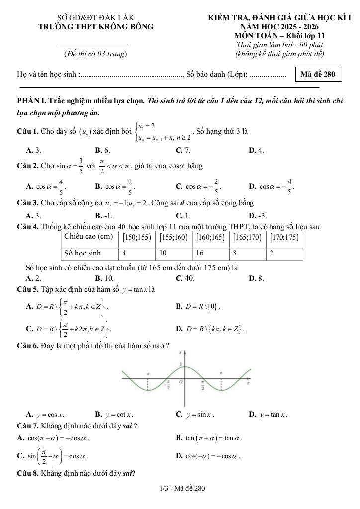 đề giữa học kì 1 toán 11 năm 2025 – 2026 trường thpt krông bông – đắk lắk 0