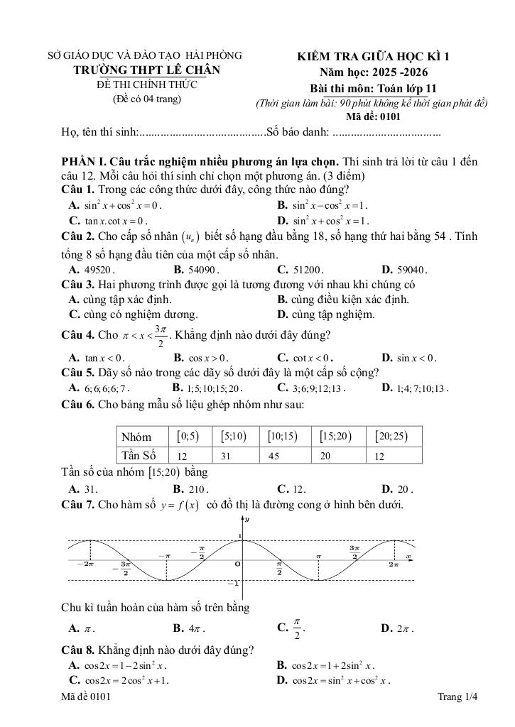 đề giữa học kì 1 toán 11 năm 2025 – 2026 trường thpt lê chân – hải phòng 0