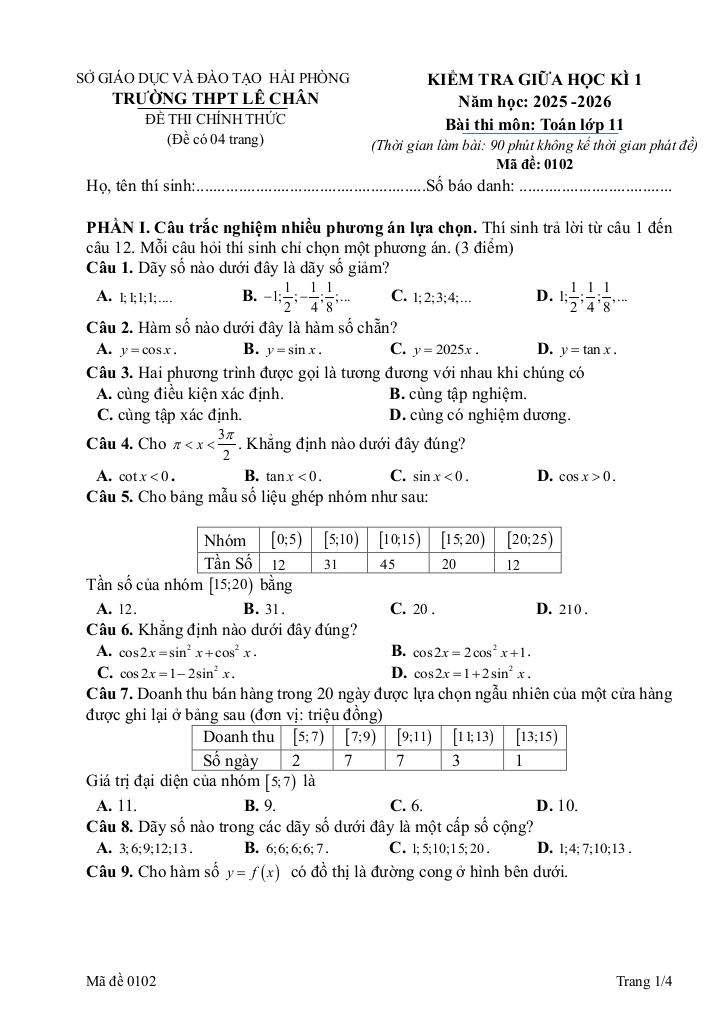 đề giữa học kì 1 toán 11 năm 2025 – 2026 trường thpt lê chân – hải phòng 4