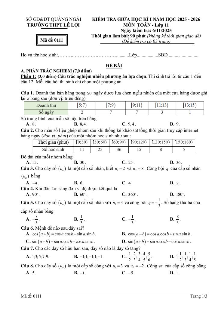 đề giữa học kì 1 toán 11 năm 2025 – 2026 trường thpt lê lợi – quảng ngãi 0