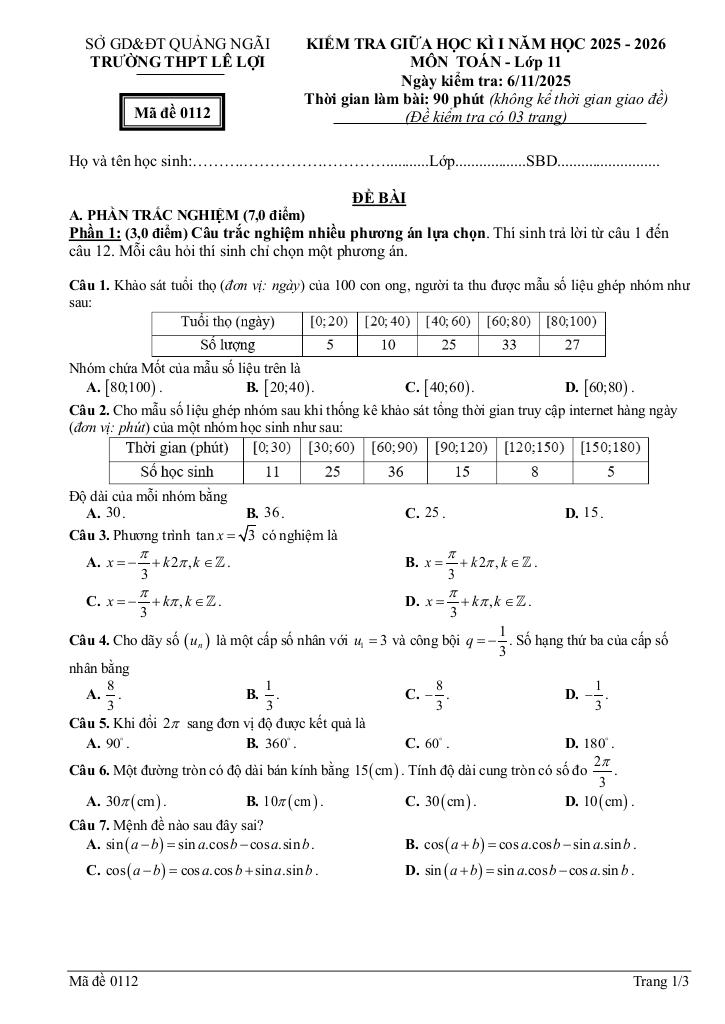 đề giữa học kì 1 toán 11 năm 2025 – 2026 trường thpt lê lợi – quảng ngãi 3