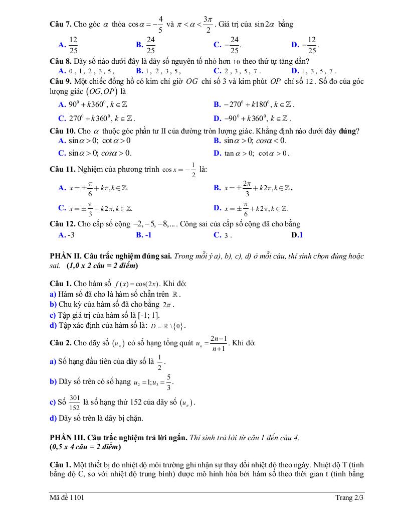 đề giữa học kì 1 toán 11 năm 2025 – 2026 trường thpt lương thế vinh – quảng ninh 1