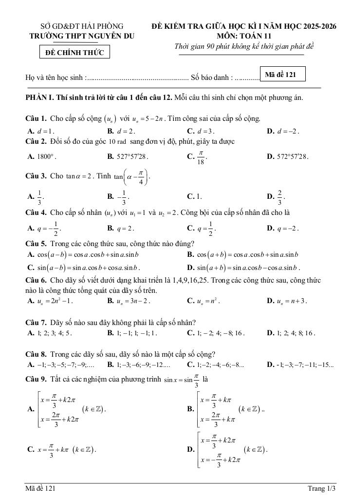 đề giữa học kì 1 toán 11 năm 2025 – 2026 trường thpt nguyễn du – hải phòng 0