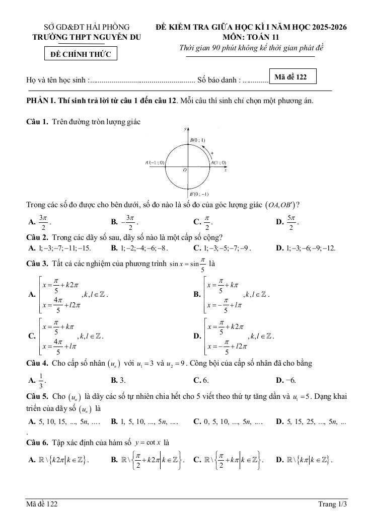 đề giữa học kì 1 toán 11 năm 2025 – 2026 trường thpt nguyễn du – hải phòng 3