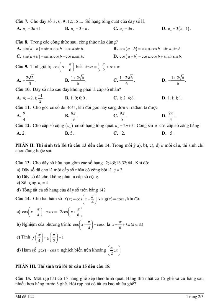 đề giữa học kì 1 toán 11 năm 2025 – 2026 trường thpt nguyễn du – hải phòng 4