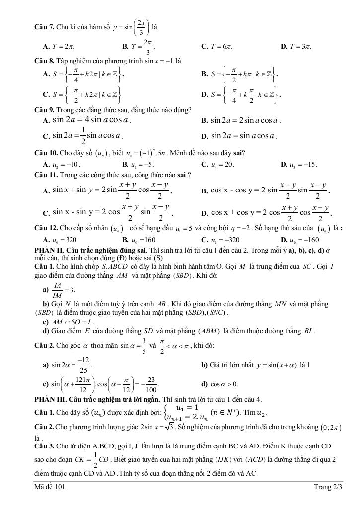 đề giữa học kì 1 toán 11 năm 2025 – 2026 trường thpt nhị chiểu – hải phòng 1