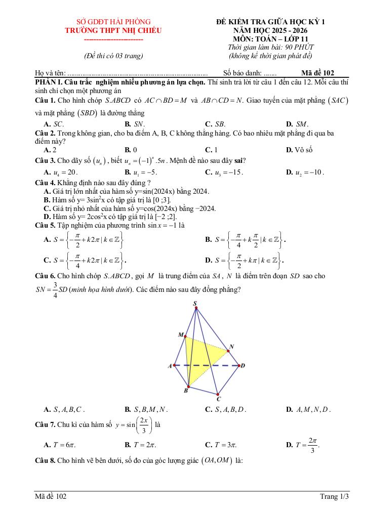đề giữa học kì 1 toán 11 năm 2025 – 2026 trường thpt nhị chiểu – hải phòng 3