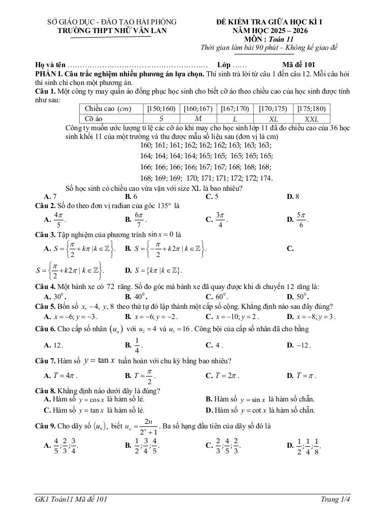 đề giữa học kì 1 toán 11 năm 2025 – 2026 trường thpt nhữ văn lan – hải phòng 0