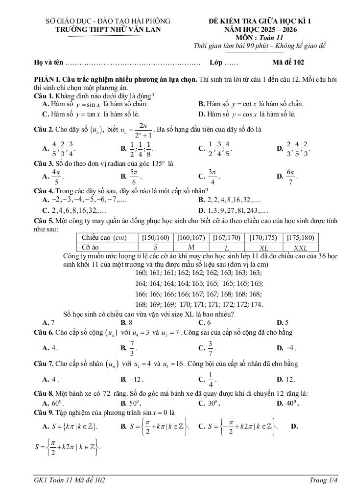 đề giữa học kì 1 toán 11 năm 2025 – 2026 trường thpt nhữ văn lan – hải phòng 4