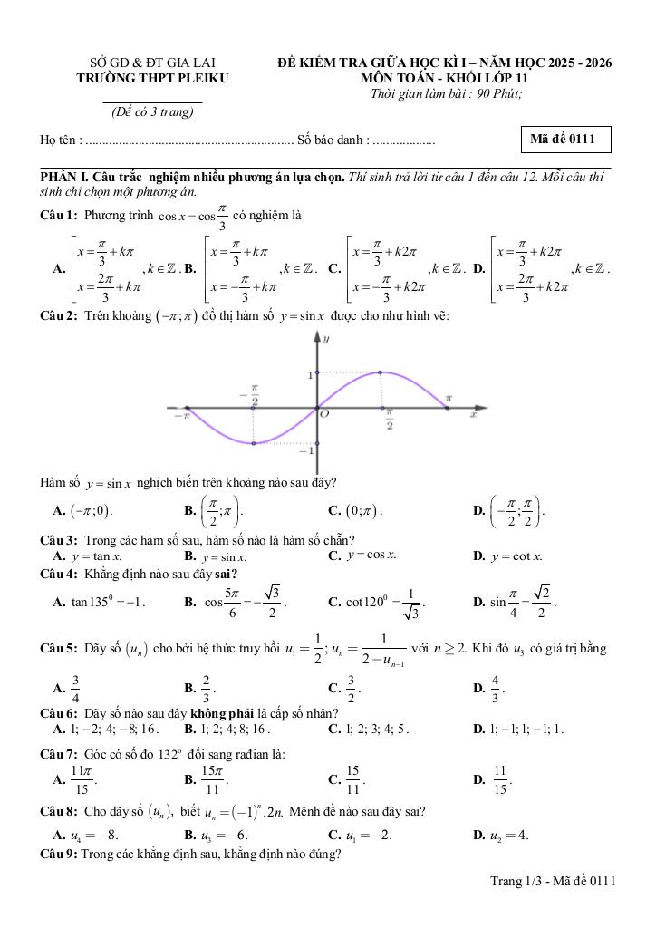 đề giữa học kì 1 toán 11 năm 2025 – 2026 trường thpt pleiku – gia lai 0