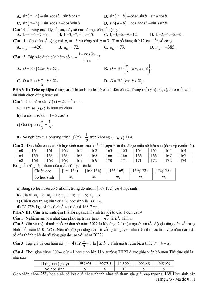 đề giữa học kì 1 toán 11 năm 2025 – 2026 trường thpt pleiku – gia lai 1