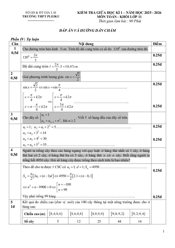đề giữa học kì 1 toán 11 năm 2025 – 2026 trường thpt pleiku – gia lai 5