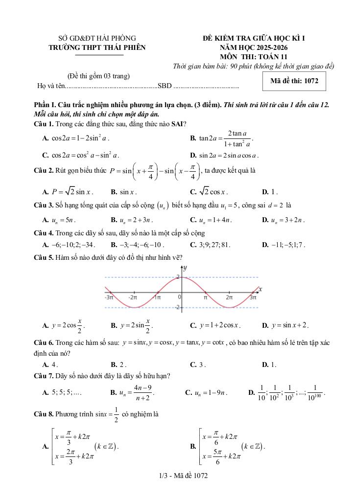 đề giữa học kì 1 toán 11 năm 2025 – 2026 trường thpt thái phiên – hải phòng 0