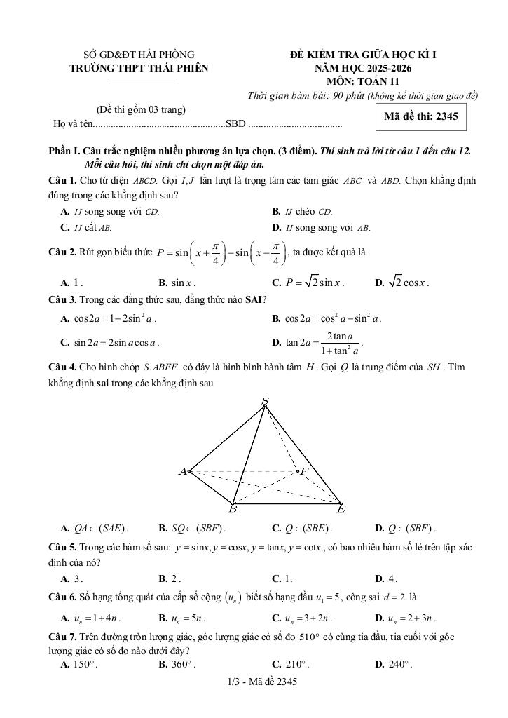 đề giữa học kì 1 toán 11 năm 2025 – 2026 trường thpt thái phiên – hải phòng 3