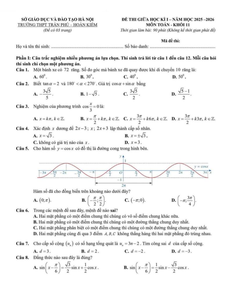 đề giữa học kì 1 toán 11 năm 2025 – 2026 trường thpt trần phú – hà nội 0