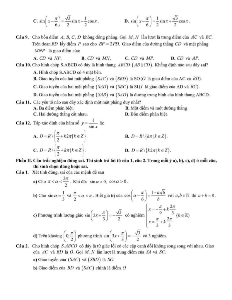 đề giữa học kì 1 toán 11 năm 2025 – 2026 trường thpt trần phú – hà nội 1