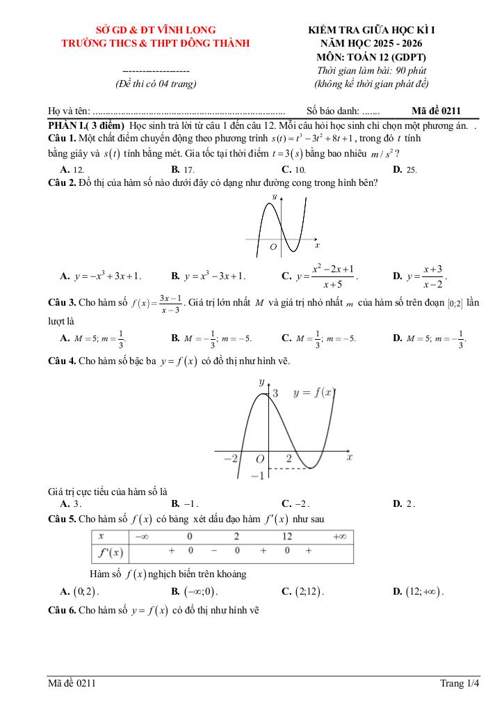 đề giữa học kì 1 toán 12 năm 2025 – 2026 trường đông thành – vĩnh long 0