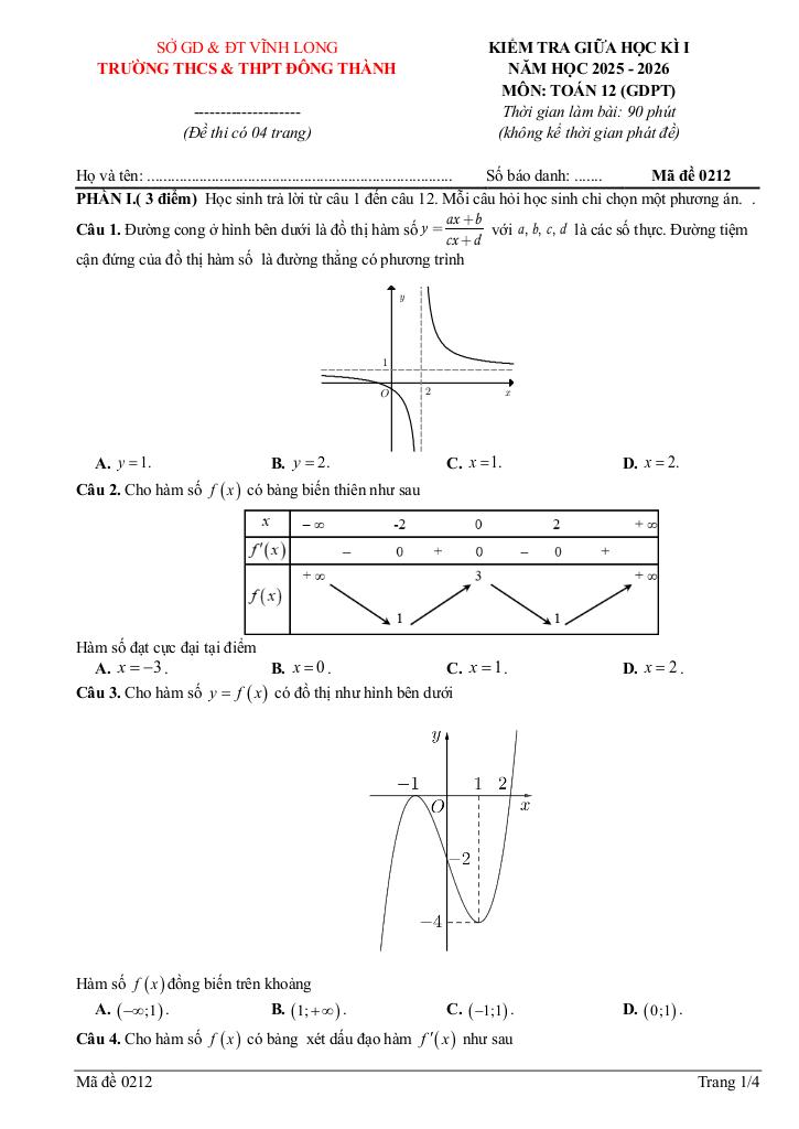 đề giữa học kì 1 toán 12 năm 2025 – 2026 trường đông thành – vĩnh long 4