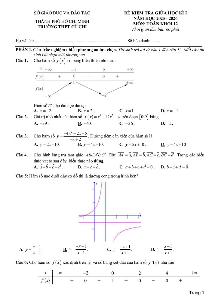 đề giữa học kì 1 toán 12 năm 2025 – 2026 trường thpt củ chi – tp hcm 0