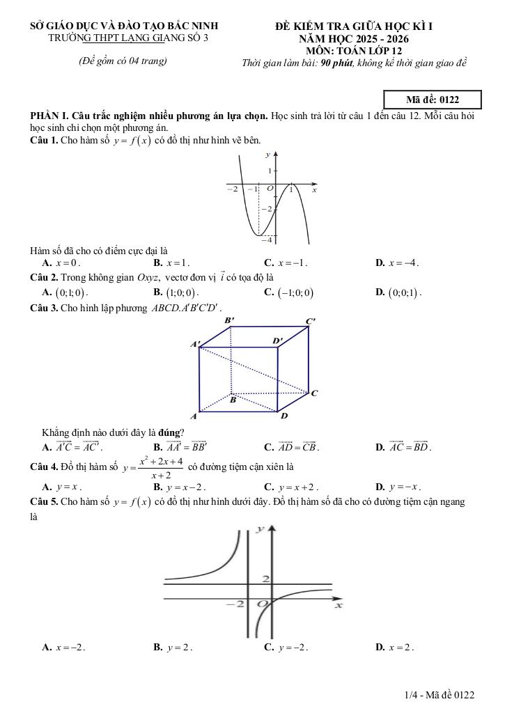 đề giữa học kì 1 toán 12 năm 2025 – 2026 trường thpt lạng giang 3 – bắc ninh 4