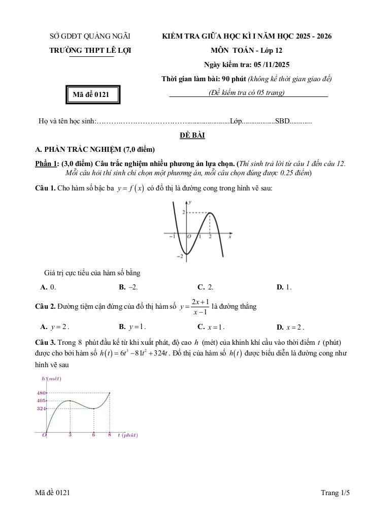 đề giữa học kì 1 toán 12 năm 2025 – 2026 trường thpt lê lợi – quảng ngãi 0