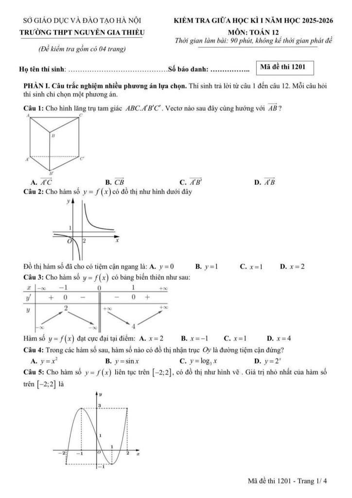 đề giữa học kì 1 toán 12 năm 2025 – 2026 trường thpt nguyễn gia thiều – hà nội 0