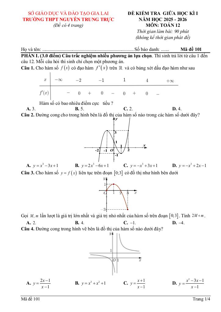 đề giữa học kì 1 toán 12 năm 2025 – 2026 trường thpt nguyễn trung trực – gia lai 0