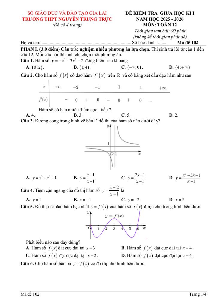 đề giữa học kì 1 toán 12 năm 2025 – 2026 trường thpt nguyễn trung trực – gia lai 4