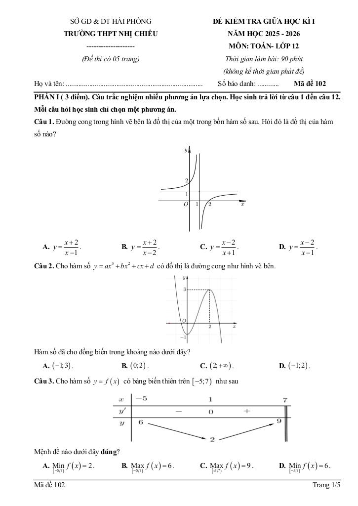 đề giữa học kì 1 toán 12 năm 2025 – 2026 trường thpt nhị chiểu – hải phòng 5