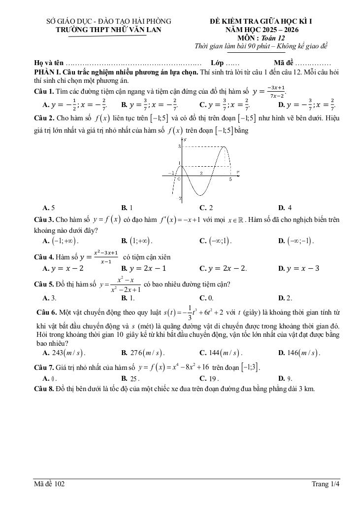 đề giữa học kì 1 toán 12 năm 2025 – 2026 trường thpt nhữ văn lan – hải phòng 4