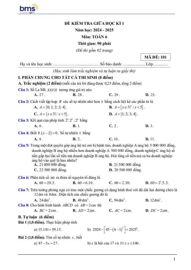 đề giữa học kì 1 toán 6 năm 2024 – 2025 trường ban mai school – hà nội 0