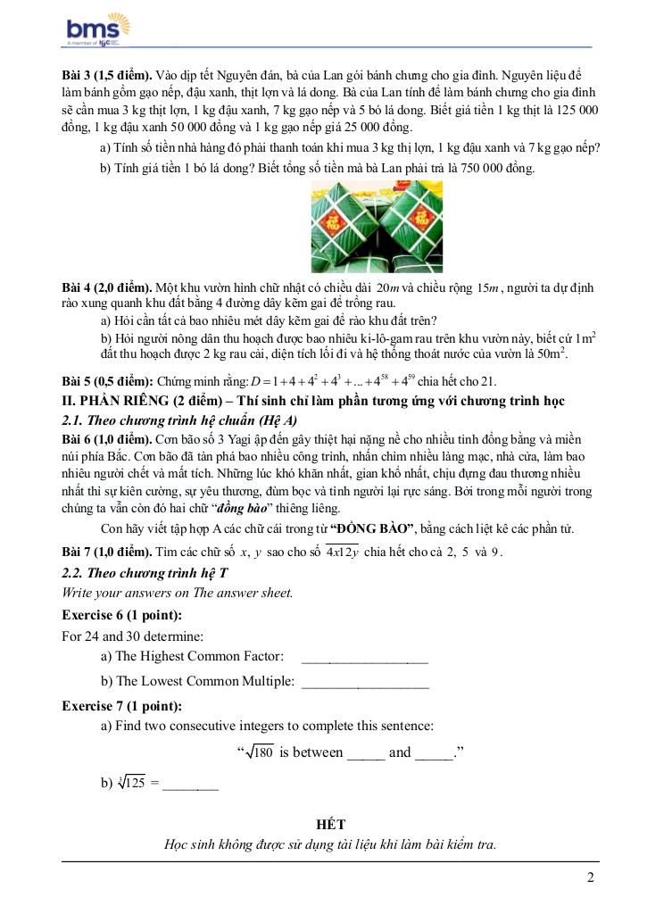 đề giữa học kì 1 toán 6 năm 2024 – 2025 trường ban mai school – hà nội 1