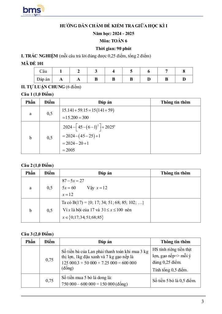 đề giữa học kì 1 toán 6 năm 2024 – 2025 trường ban mai school – hà nội 2